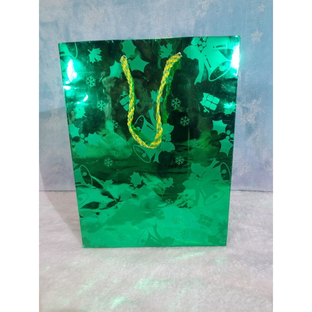 Small Green Holographic Bell Snowflake Presents Green Christmas Gift Bag 9"